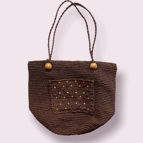 Vintage Jacqueline Ferrar Woven Brown Bucket Bag Wooden Beaded Purse Boho Summer - Picture 1 of 6